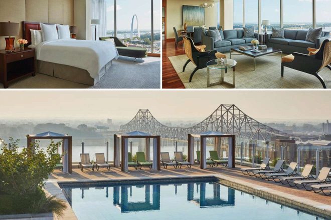 A collage of three hotel photos to stay in St Louis: A cozy bedroom featuring a large bed with a white comforter and leather headboard, a spacious living room with modern furnishings and a view of the Arch, and a rooftop pool area with a scenic backdrop of a bridge and city skyline.